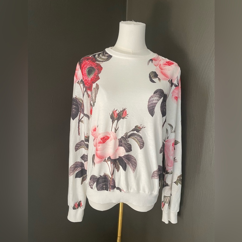 White XS Women’s Casual Floral Print Pullover Sweatshirt Top – Long Sleeve